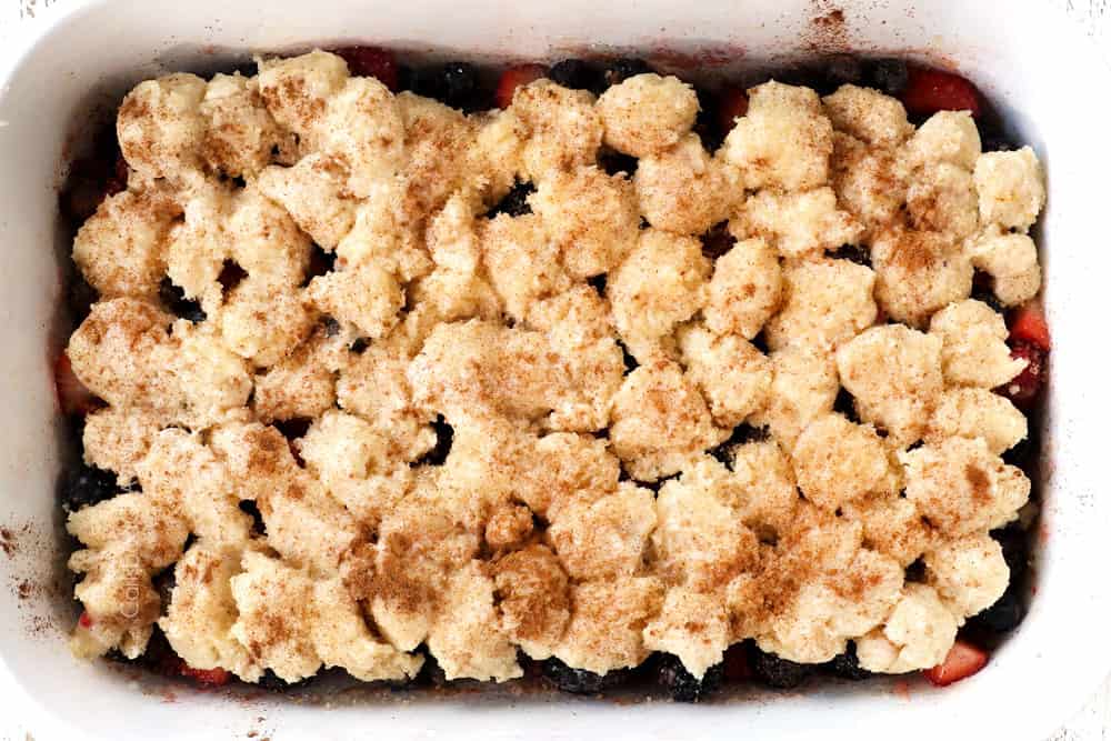 a collage showing how to make berry cobbler recipe by adding biscuit topping to the mixed berry filling