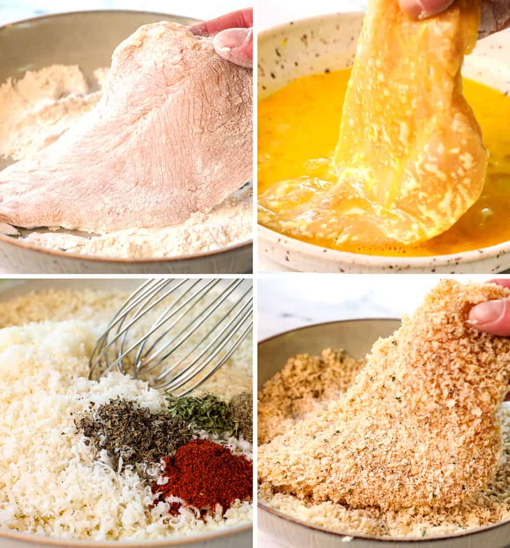 a collage showing how to make chicken fettuccine alfredo by 1) dredging the chicken in flour, 2) dipping in egg, 3) mixing panko with Parmesan and seasonings and 4) coating the chicken in the panko