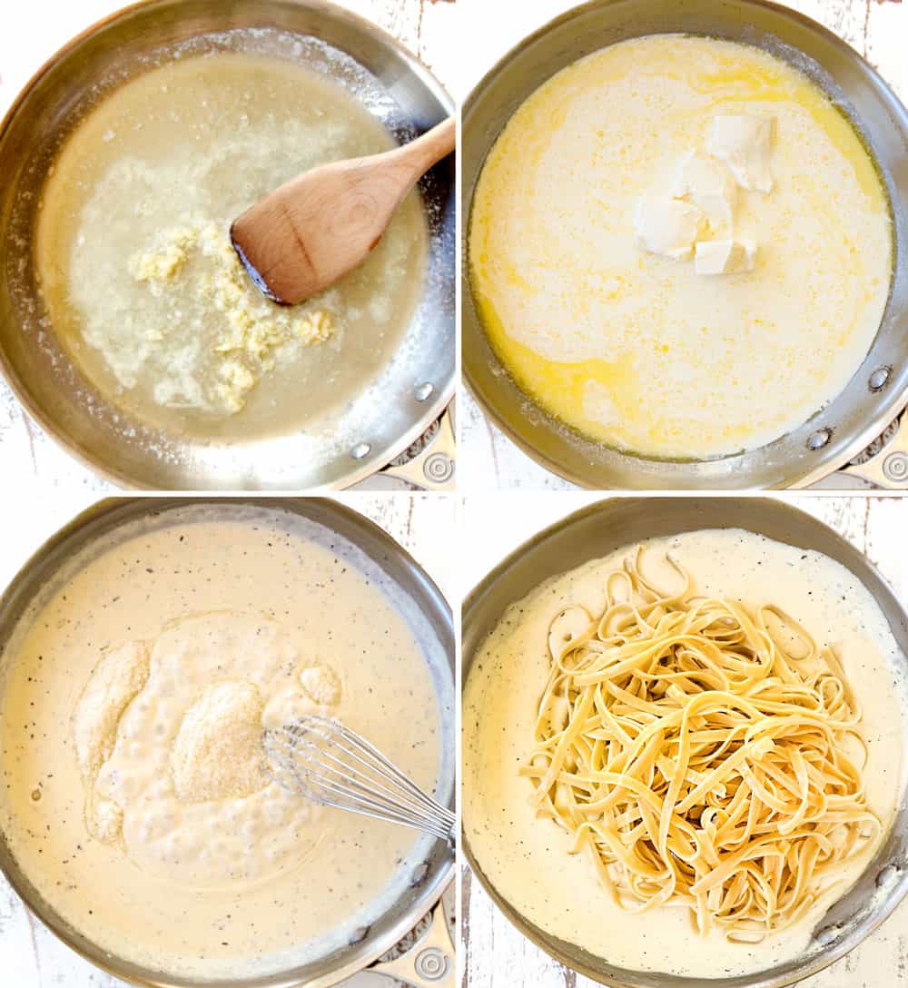 a collage showing how to make chicken fettuccine alfredo recipe by 1) cooking garlic in butter, 2) adding heavy cream and cream cheese, 3) adding Parmesan and 4) adding fettuccine