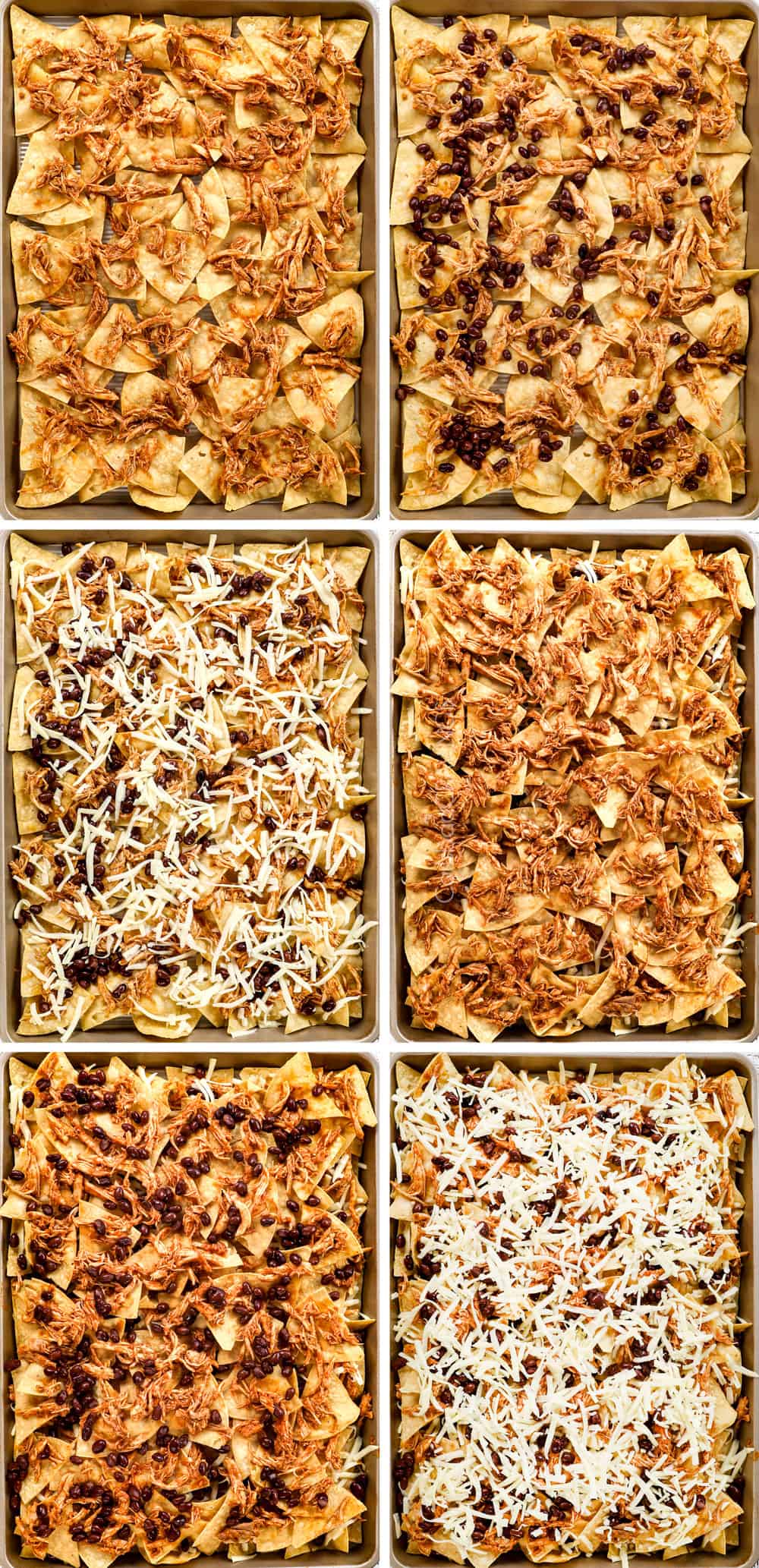 a collage showing how to make chicken nachos recipe by 1) layering chips and chicken, 2) layering beans, 3) layering cheese then repeating
