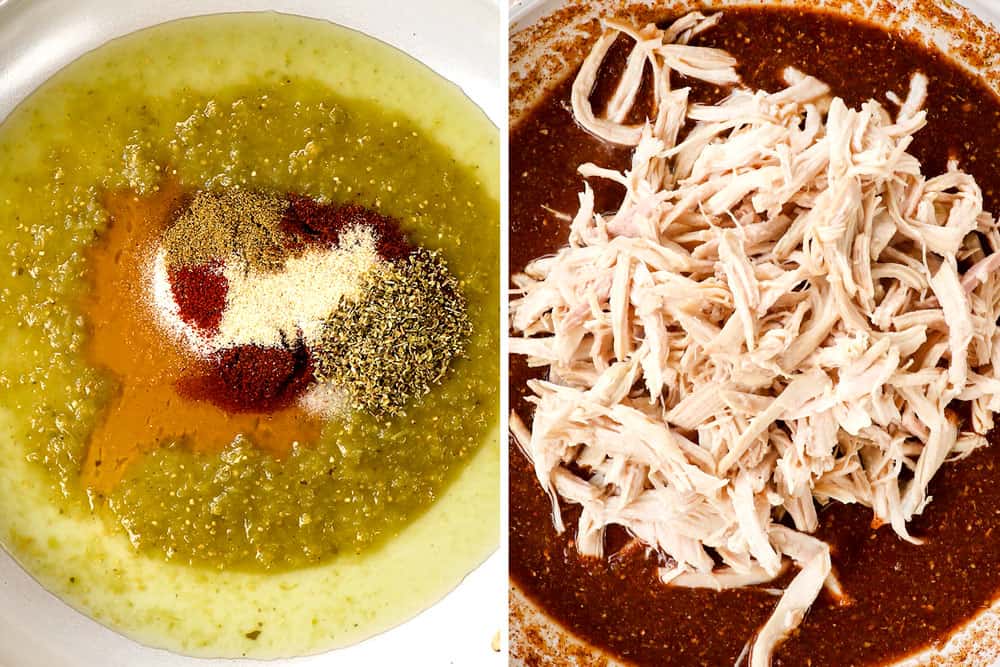 a collage showing how to make chicken nachos recipe by adding seasonings to a bowl and then combining with shredded chicken
