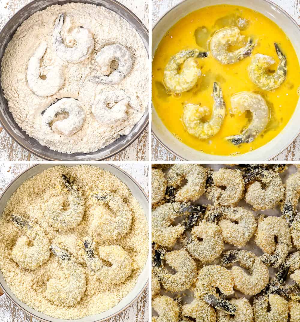 a collage showing how to bread crispy panko shrimp by 1) dredging in flour, 2) dipping in egg, 3) coating in panko, 4) placing in a single layer on parchment paper