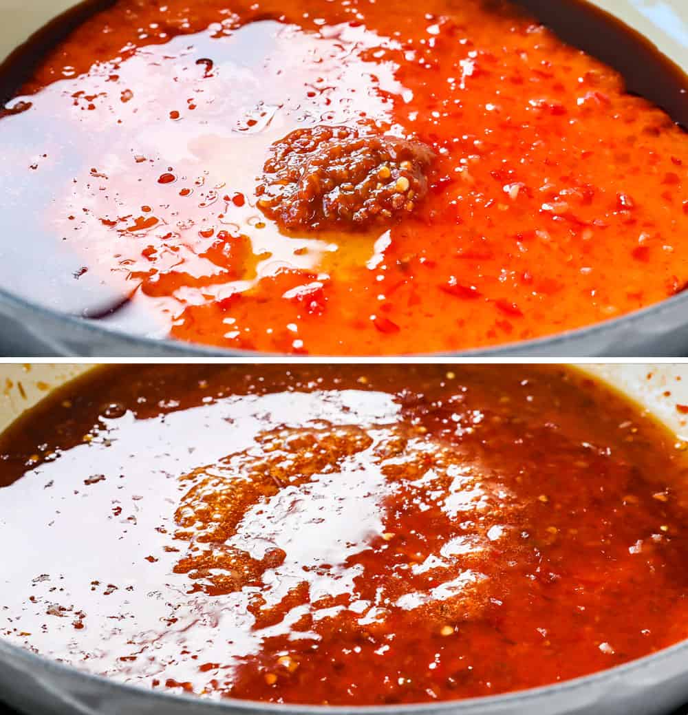 a collage showing how to make firecracker shrimp by adding Asian sweet chili sauce, soy sauce, honey, vinegar and chili sauce to a pot an brining to a simmer to thicken