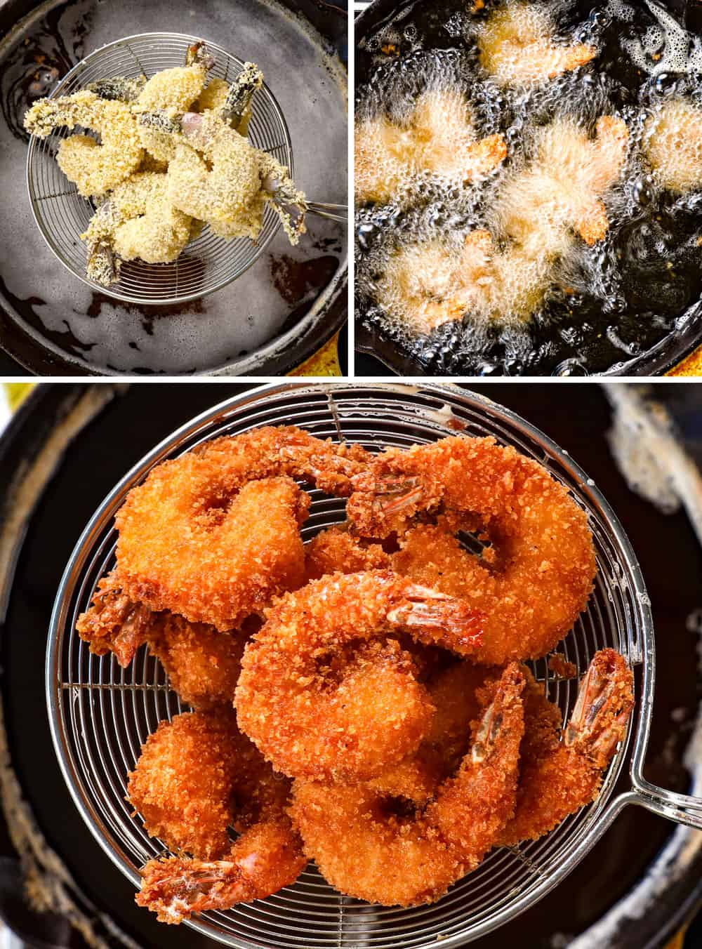 a collage showing how to make firecracker shrimp by deep frying in oil until golden and crispy