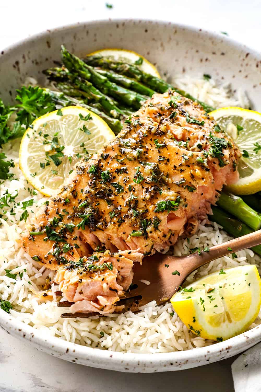 up close of a fillet of baked lemon pepper salmon served over rice