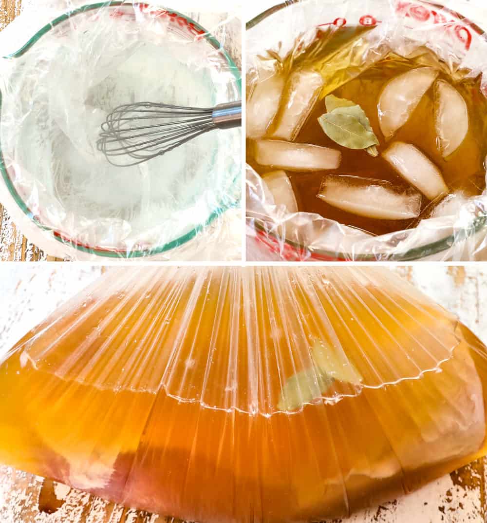 a collage showing how to brine pork by 1) dissolving kosher salt in warm water, 2) adding brown sugar, ice and bay leaves, 3) adding pork to the bag and covering in brine