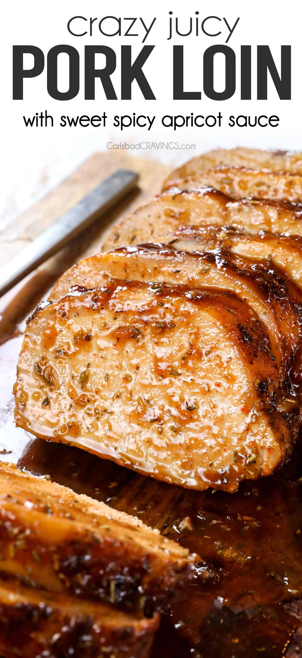 up close of sliced pork loin roast recipe showing how juicy and tender it is