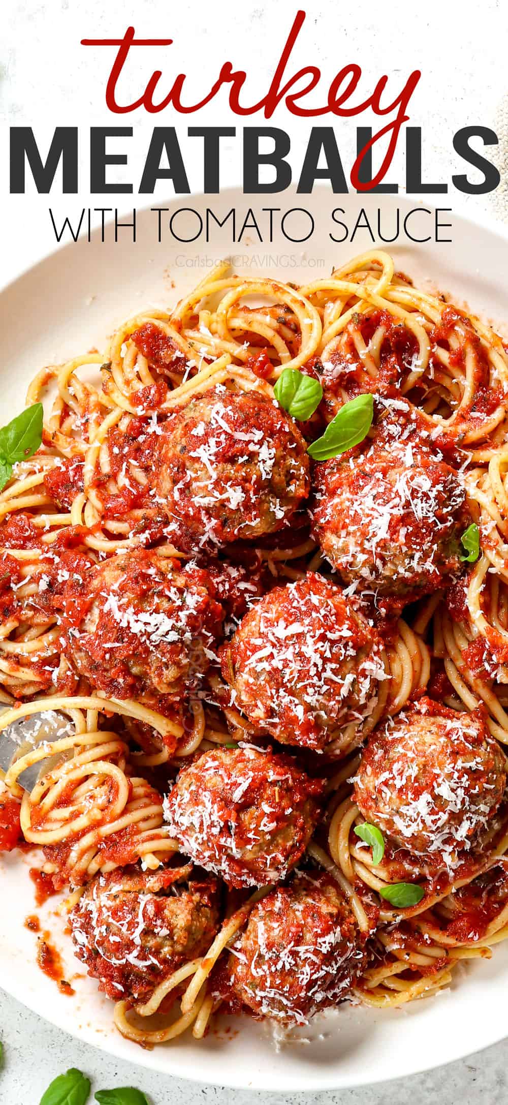 top view of Italian turkey meatballs with tomato sauce and spaghetti
