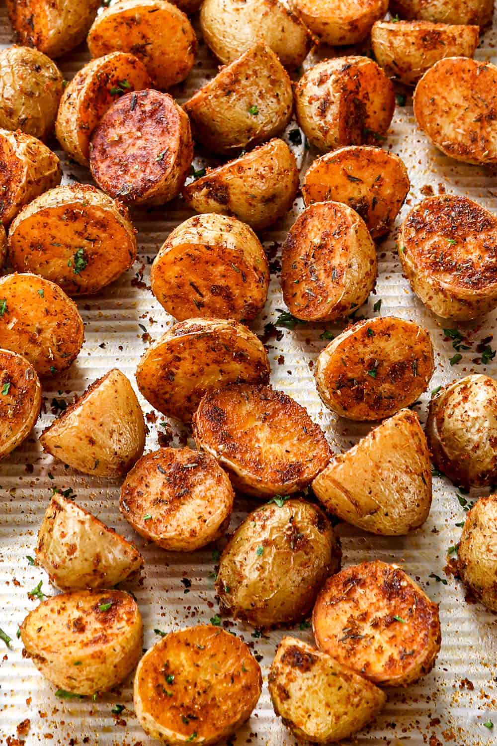 up close of Roasted Cajun potatoes showing how crispy they are