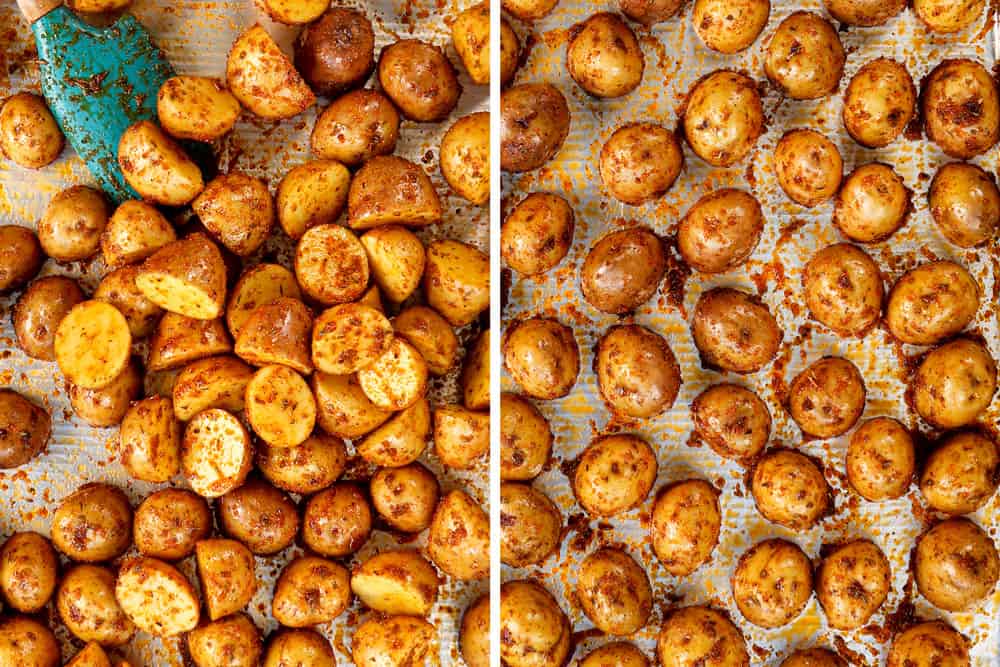 a collage showing how to make roasted Cajun potatoes by tossing with the Cajun seasonings then spacing apart on a baking sheet 
