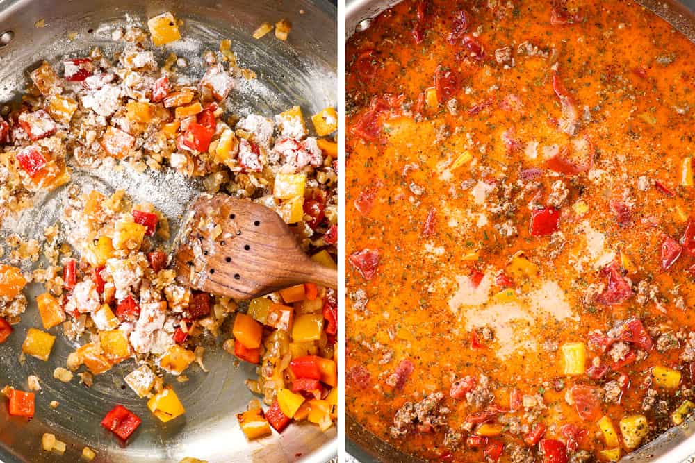 a collage of showing how to make Sausage Peppers Pasta recipe by cooking flour then adding the chicken broth, half and half, Italian seasonings and tomatoes