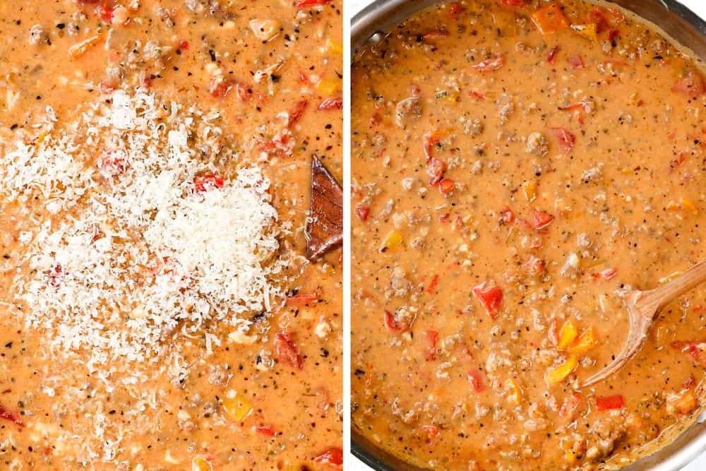 a collage showing how to make Sausage Peppers Pasta recipe by adding Parmesan cheese and simmering until the sauce is thickened
