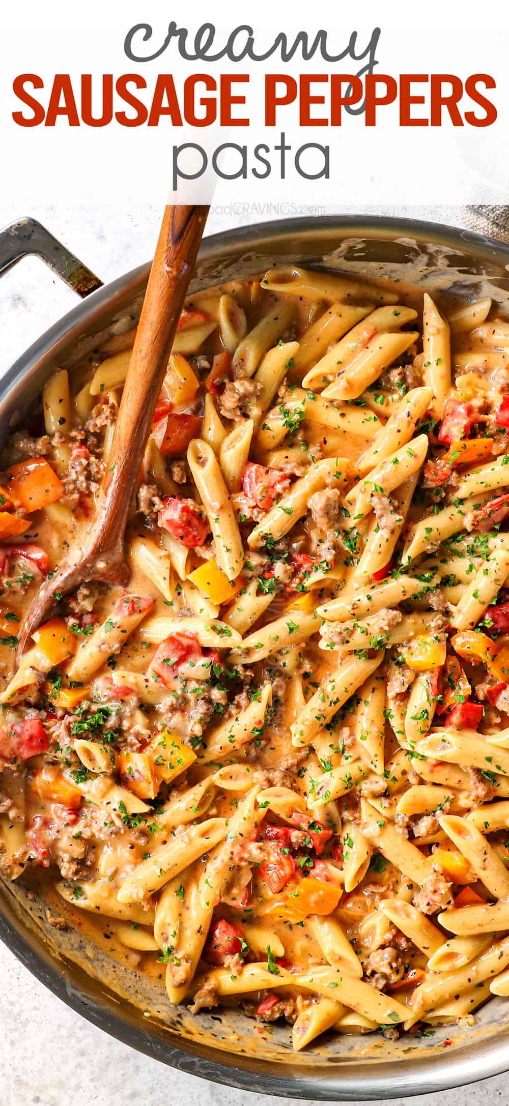 showing how to make sausage pepper pasta in a skillet with Italian sausage and bell peppers