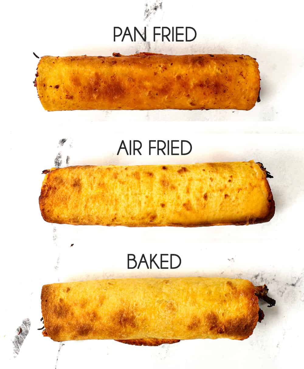 a chart showing the difference between air fried taquitos, pan fried taquitos and baked taquitos