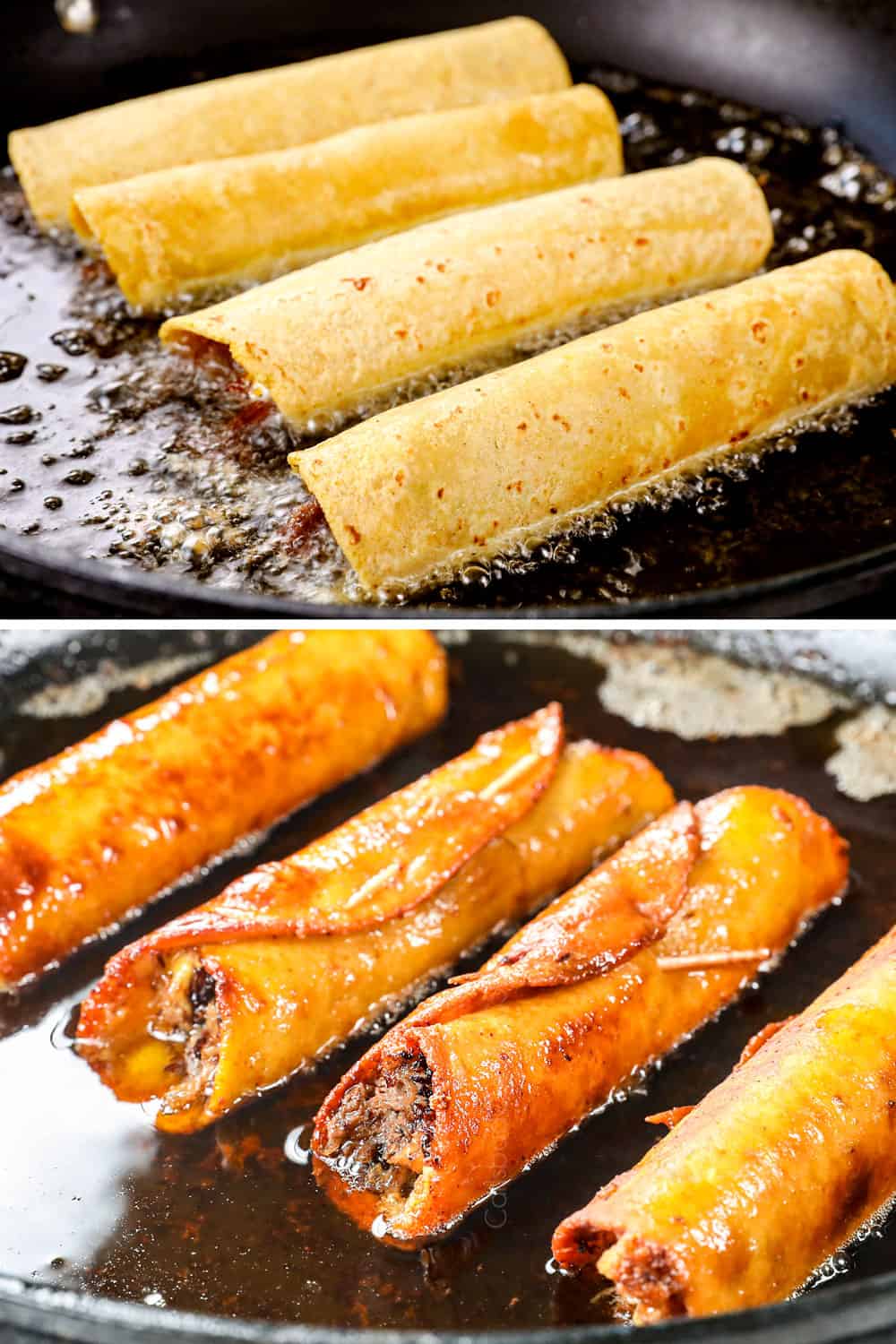 a collage showing how to make taquitos by pan frying until golden and crispy