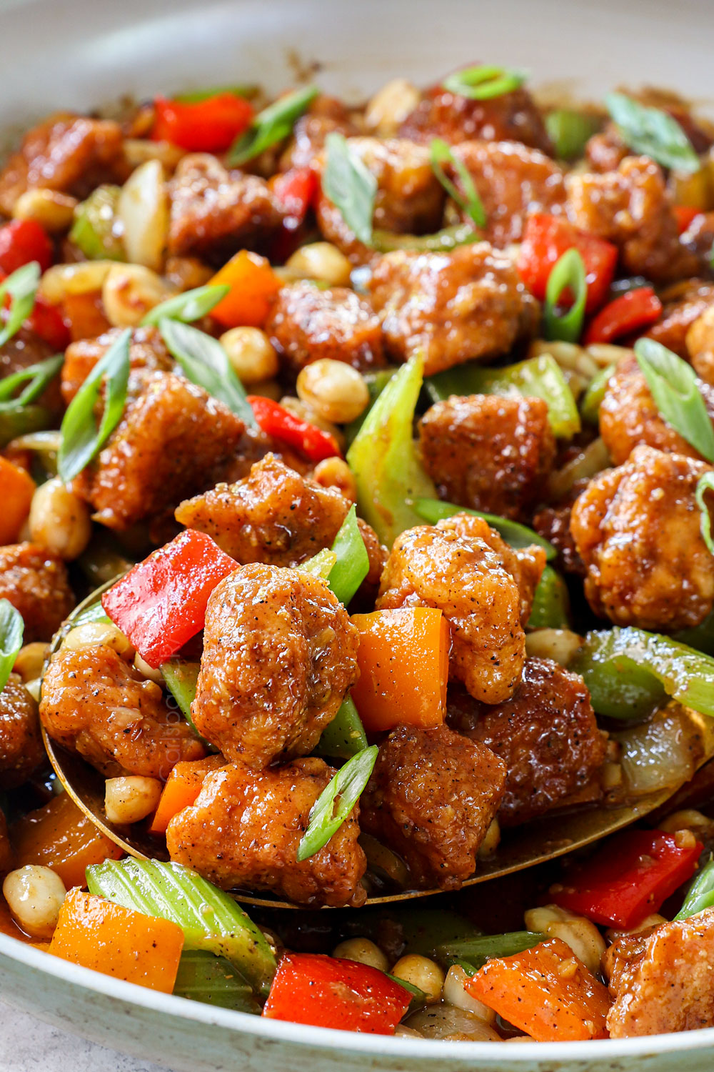 up closer of Panda Express Black Pepper Chicken by showing how crunchy it is