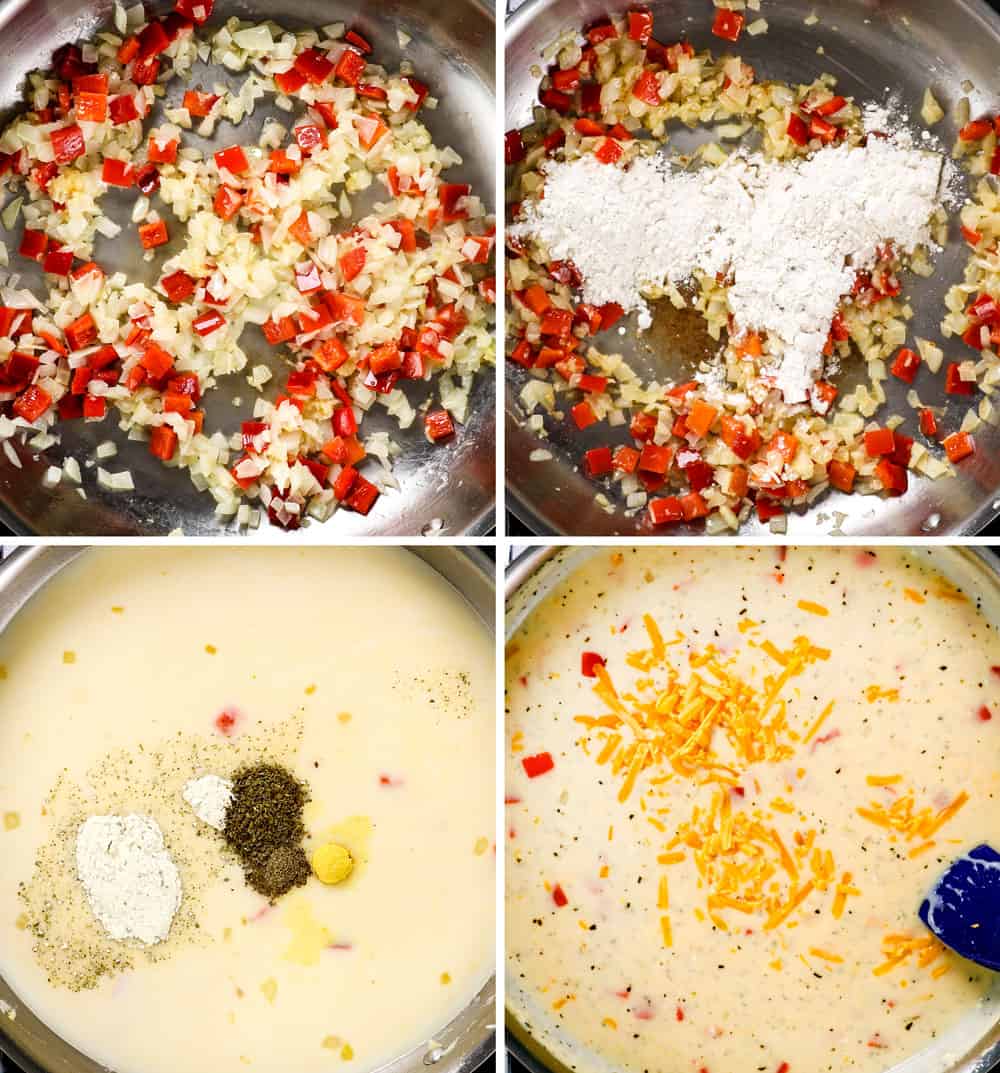 a collage showing how to make chicken bacon ranch casserole by sautéing onions and bell peppers, adding flour to create a roux, adding half and half, ranch seasoning mix and stirring in cheddar cheese