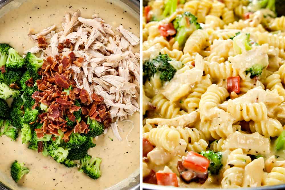 a collage showing how to make chicken bacon ranch casserole by adding chicken, bacon and broccoli to cheesy sauce followed by pasta