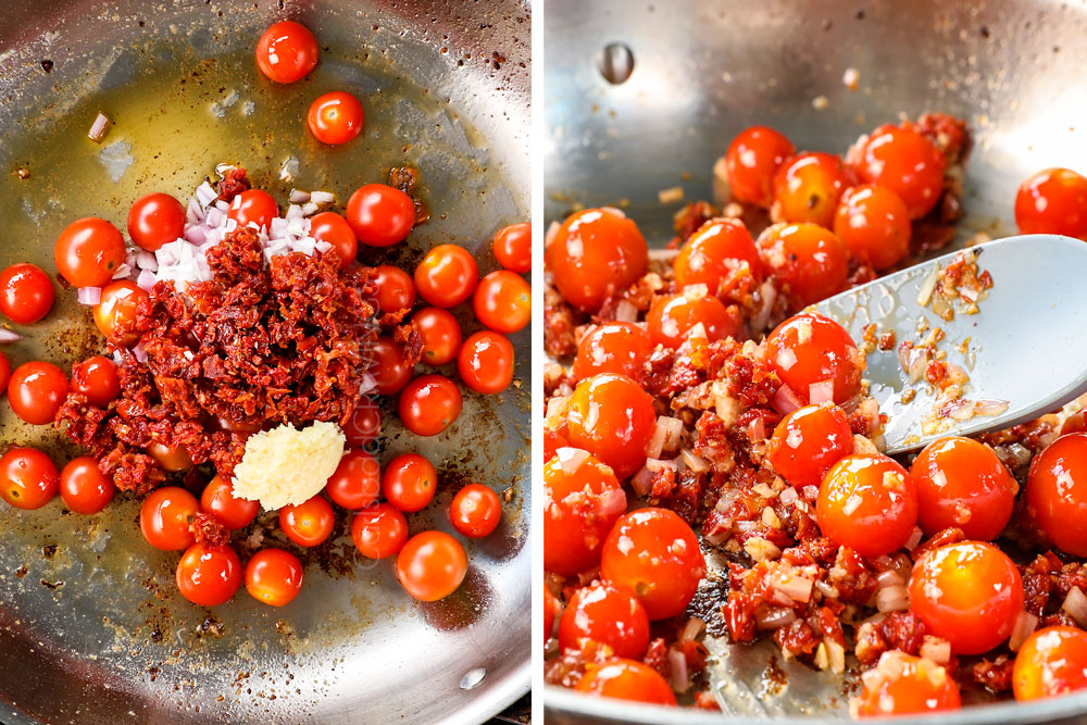 a collage showing how to make creamy Tuscan shrimp by adding garlic, sun-dried tomatoes, shallot and cherry tomatoes to a skillet and sautéing until shallots soften