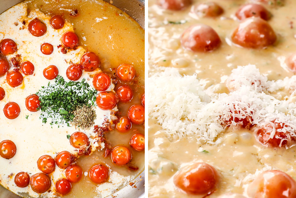 a collage showing how to make creamy garlic Tuscan shrimp by adding heavy cream and Italian seasonings to the skillet, simmering until thickened, then stirring in Parmesan cheese