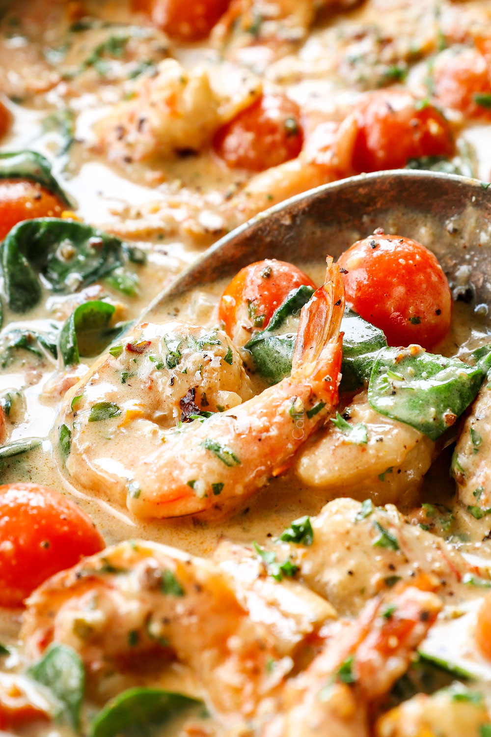 up close of scooping up creamy Tuscan shrimp with garlic
