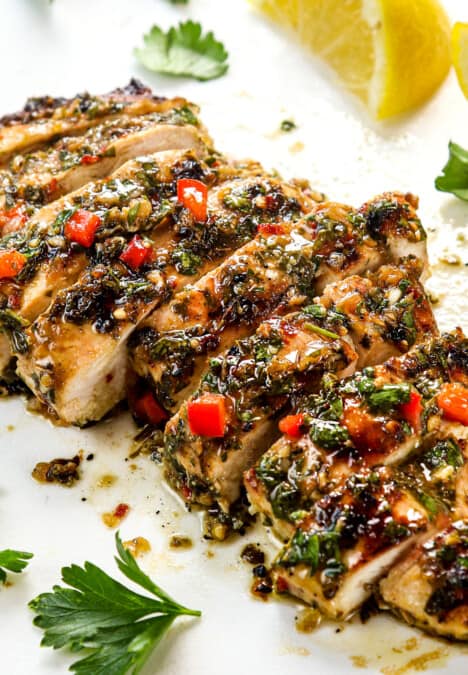 up close of sliced chicken chimichurri showing how juicy it is