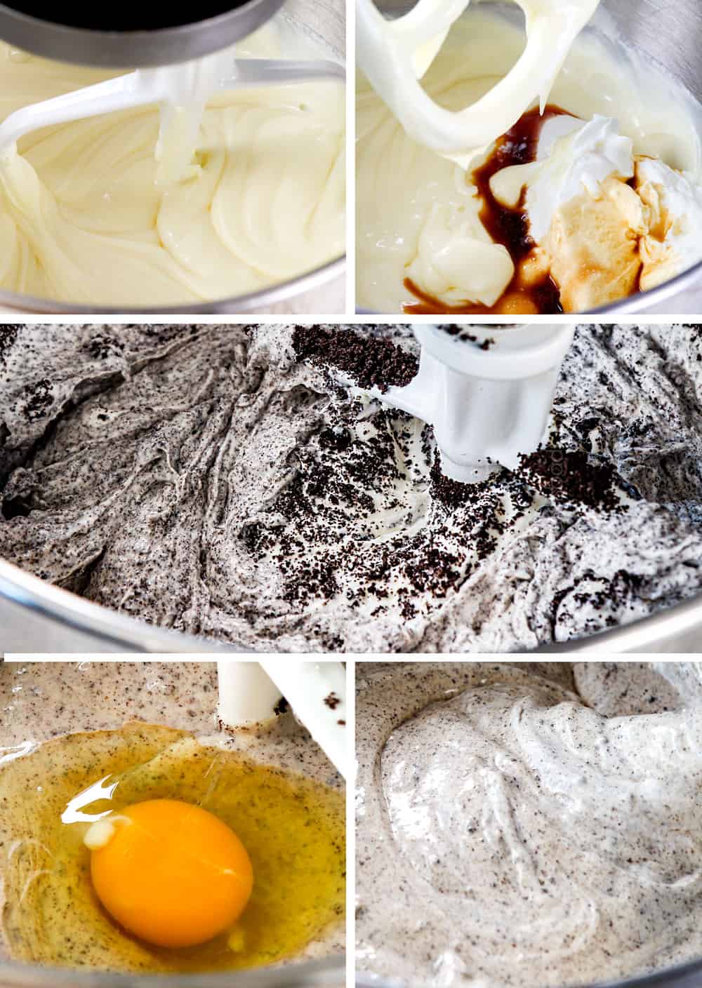 a collage showing how to make Oreo Cheesecake recipe by 1) beating cream cheese and sugar until smooth, 2) beating in sour cream and vanilla, 3) beating in crushed Oreos, 4) beating in eggs, 5) stirring it all together with a spatula