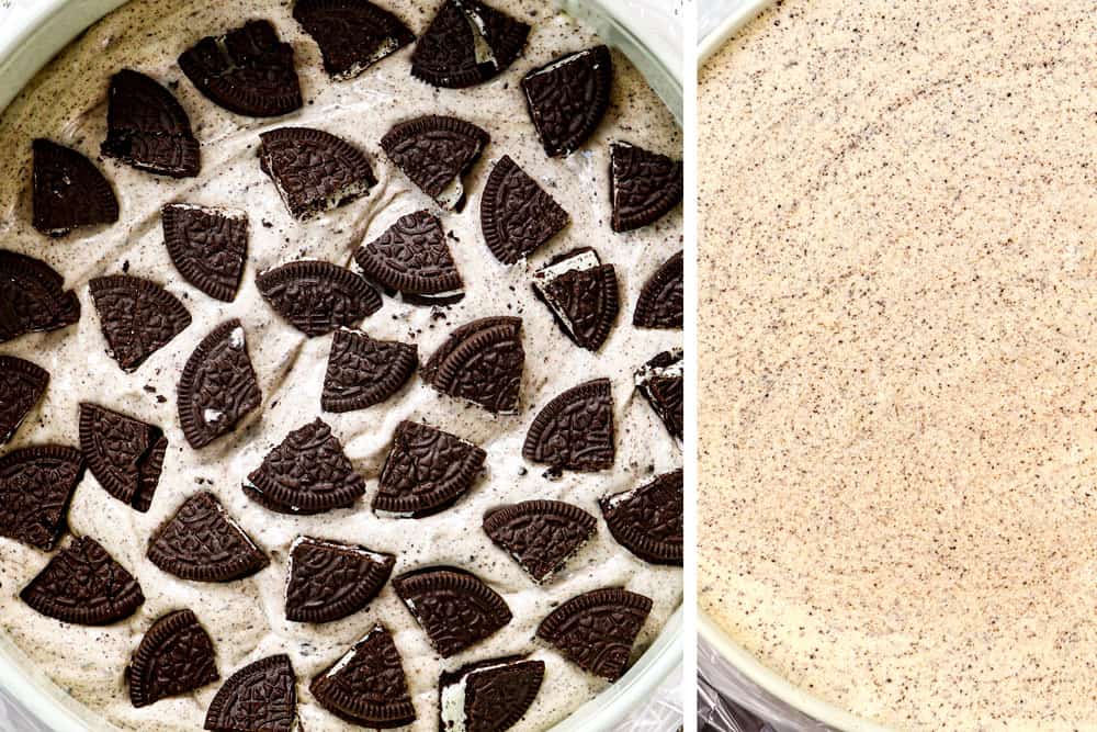 a collage showing how to make Oreo cheesecake recipe by adding ⅓ filling to spingform pan, adding crushed Oreos and then topping with remaining cheesecake