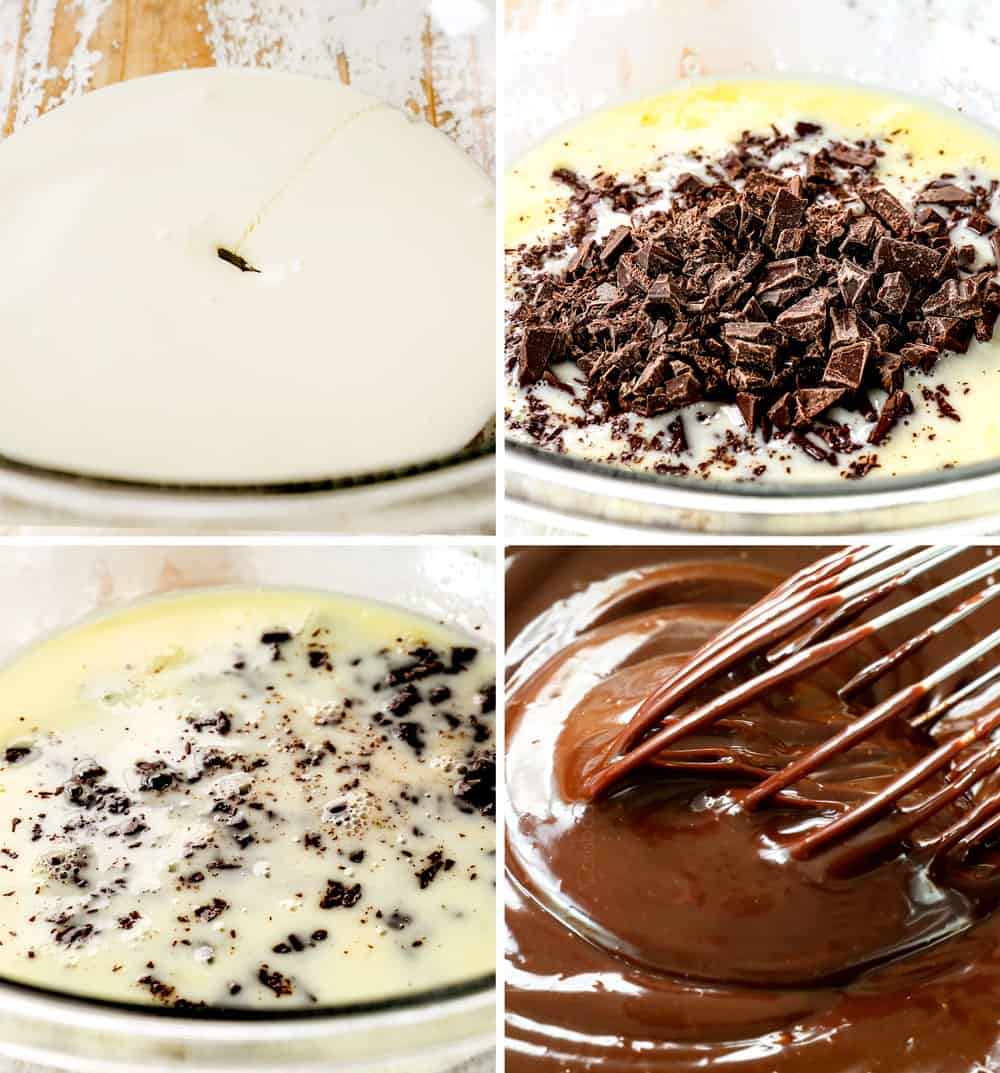 a collage showing how to make Oreo cheesecake by making ganache: 1) simmering heavy cream, 2) adding chopped chocolate, 3) letting chocolate sit in heavy cream, 4) whisking until smooth and creamy