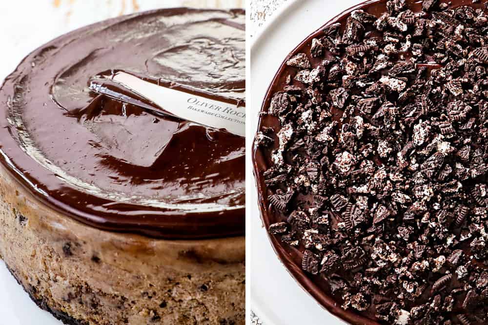 a collage showing how to decorate Oreo cheesecake recipe by covering the top with ganache followed by crushed Oreos