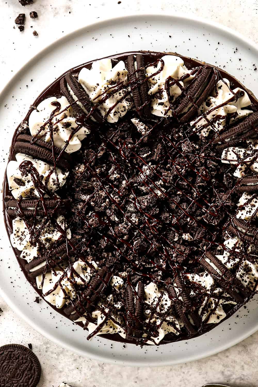 top view of Oreo cheesecake showing how to decorate it