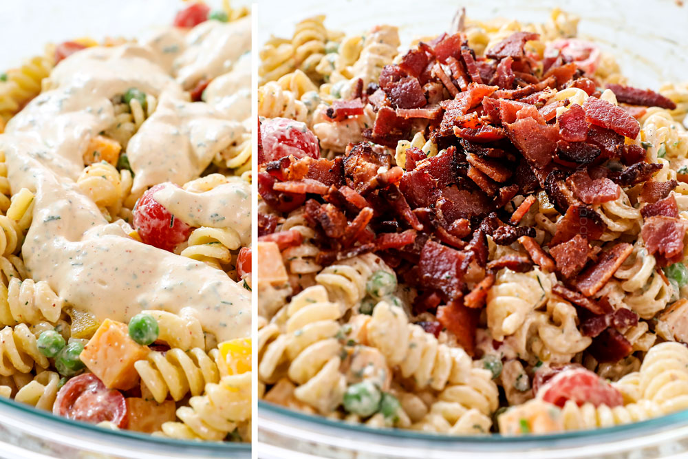 a collage showing how to make bacon ranch pasta salad by adding remaining dressing and bacon and stirring to combine when ready to serve