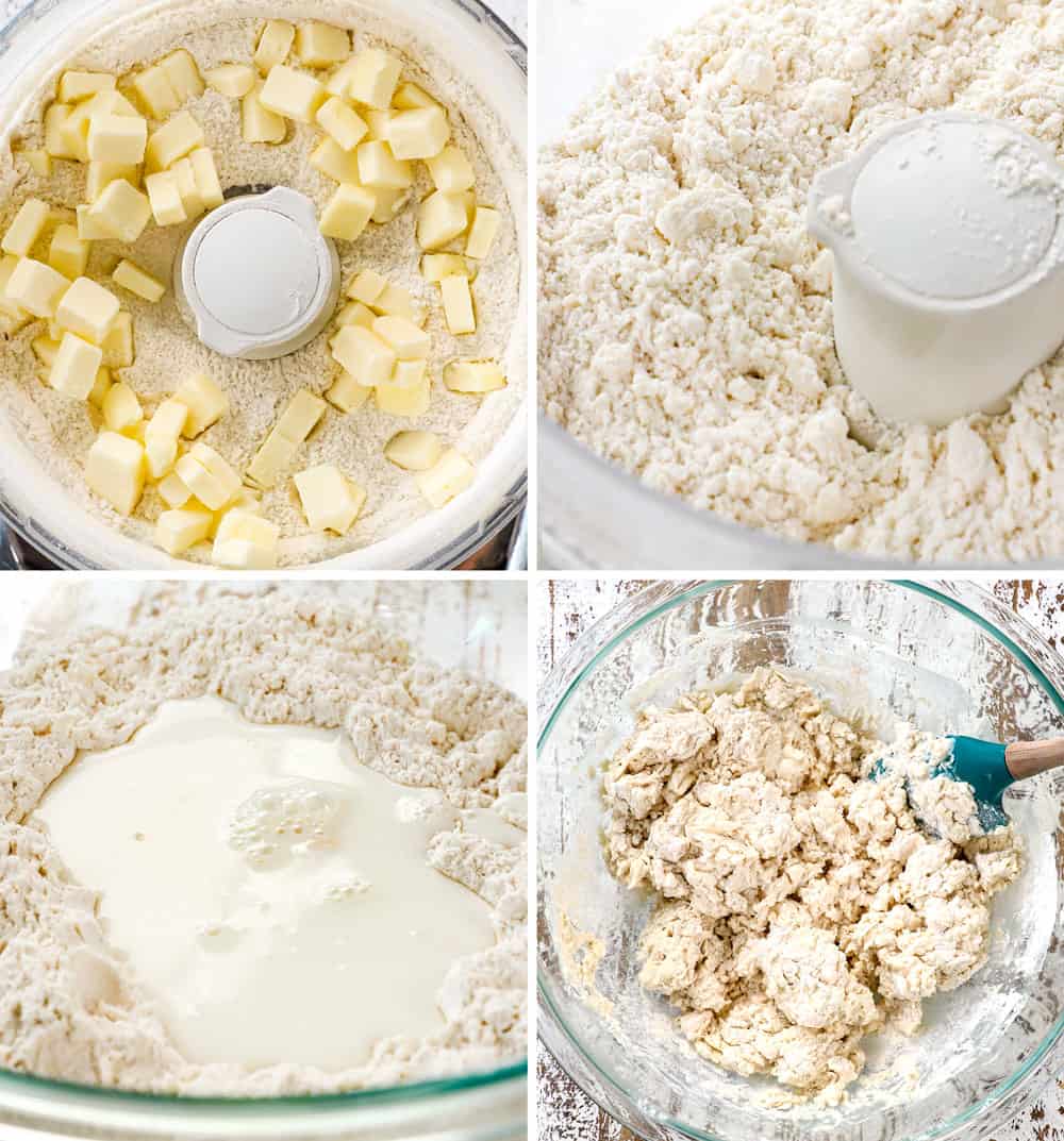 a collage showing how to make biscuits and gravy by 1) mixing butter, sugar, flour and baking powder together, 2) adding buttermilk, 3) mixing in a bowl