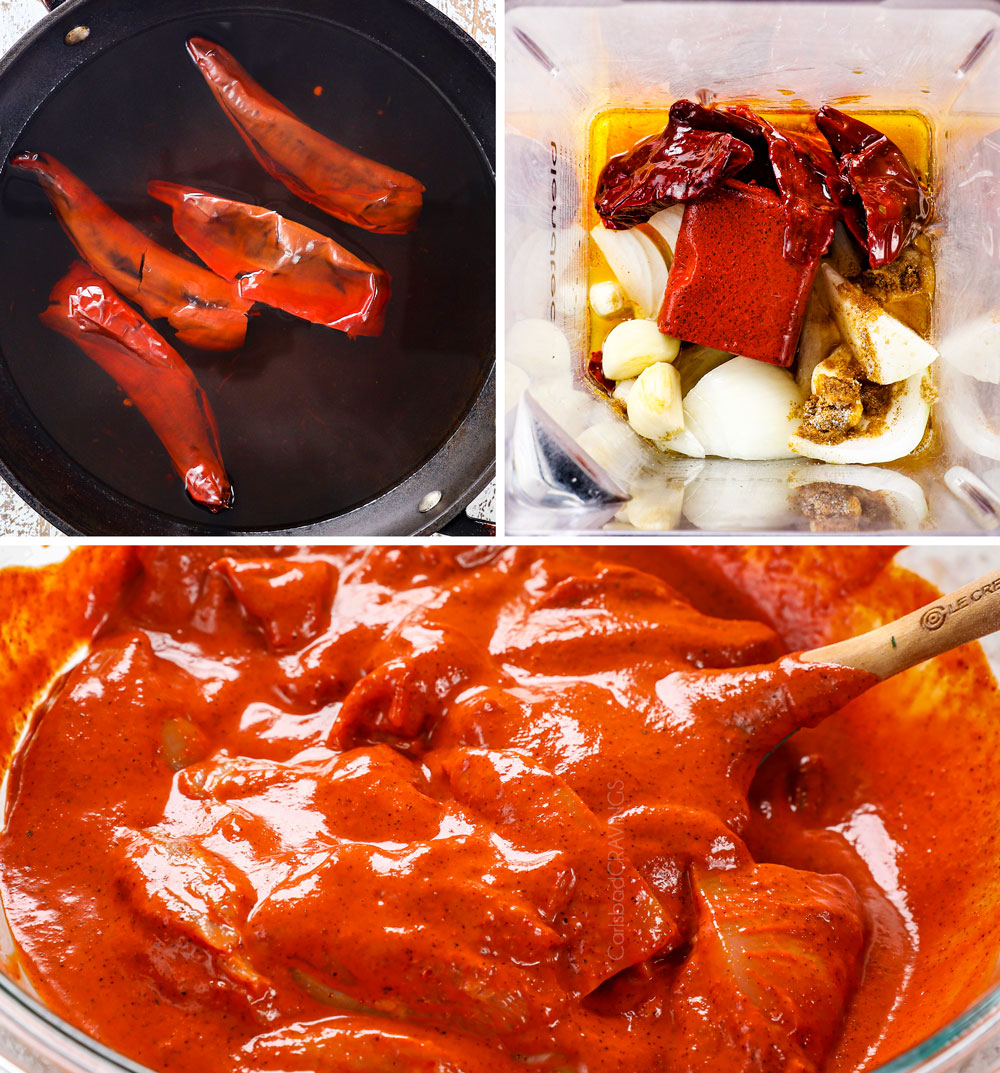 a collage showing how to make chicken al pastor recipe by simmering chilies, blending chiles, achiote paste, onions, garlic, pineapple juice, oregano and cumin together, than adding to chicken thighs in a bowl