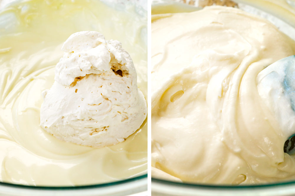 a collage showing how to make chocolate lasagna recipe by adding whipped topping to the beaten cream cheese and folding together until smooth and creamy in a glass bowl