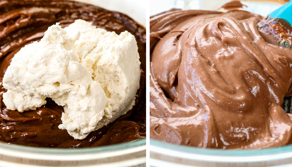 a collage showing how to make chocolate lasagna recipe by adding whipped topping to chocolate pudding and folding in until creamy