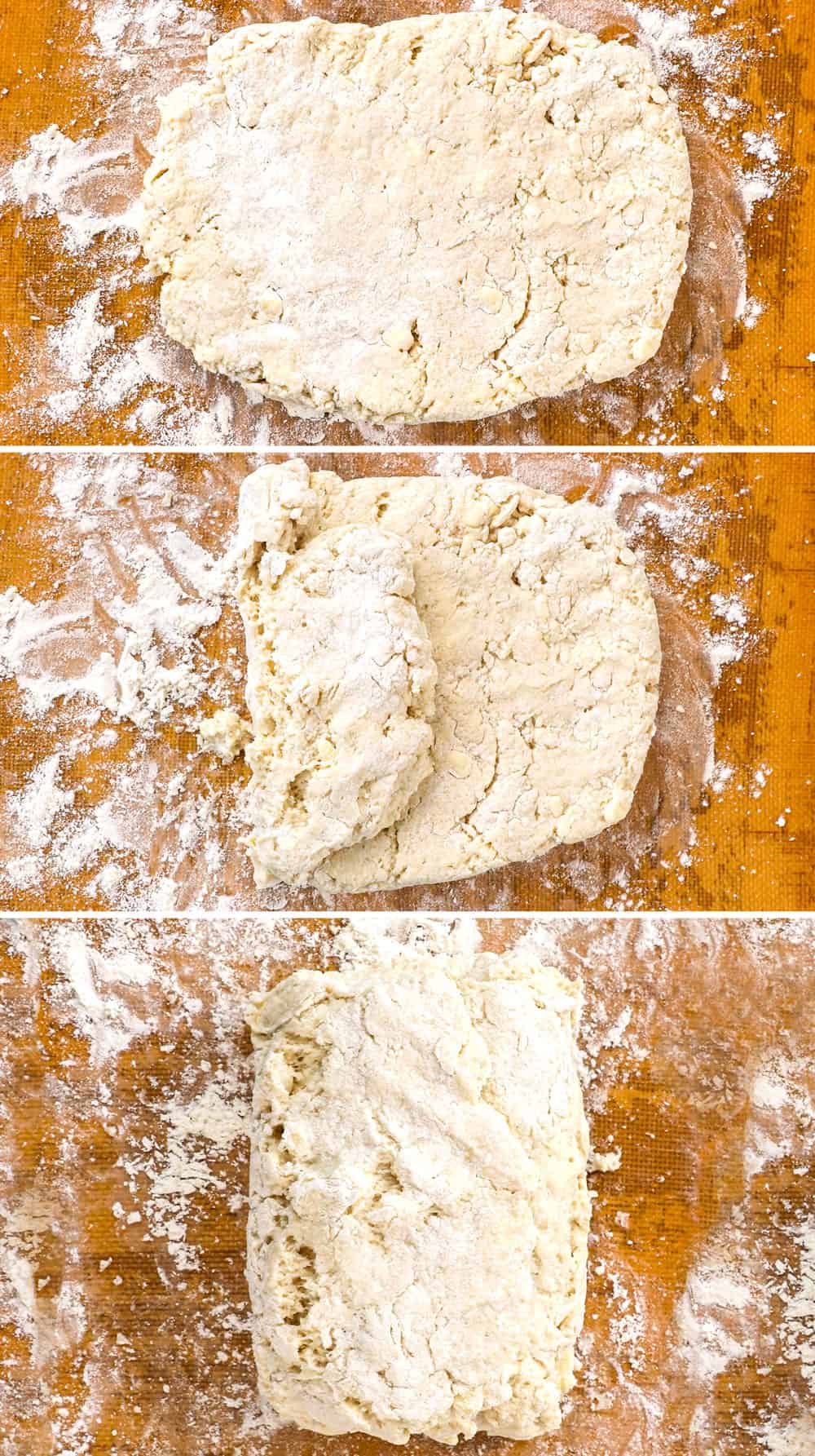 a collage showing how to make homemade biscuits and gravy recipe by layering the dough three times to create fluffy biscuits