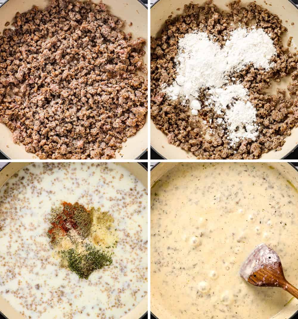 a collage showing how to make homemade biscuits and gravy recipe by 1) browning sausage, 2) adding flour to make a roux, 3) adding milk and seasonings, 4) simmering until thickened 