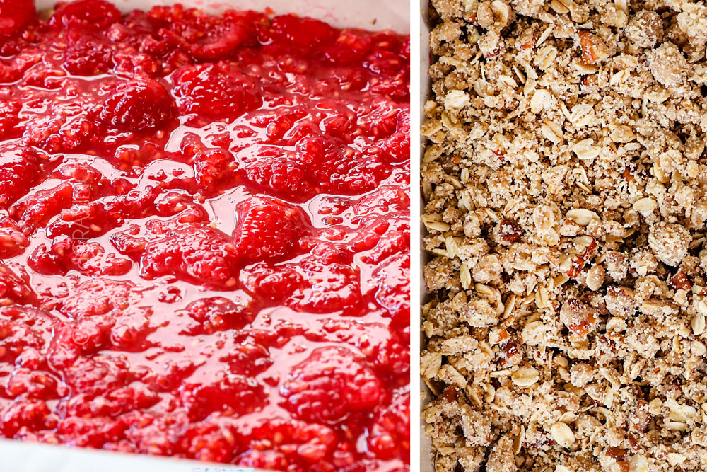 a collage showing how to make raspberry bars by adding fresh raspberries to the crust then topping with oatmeal streusel topping