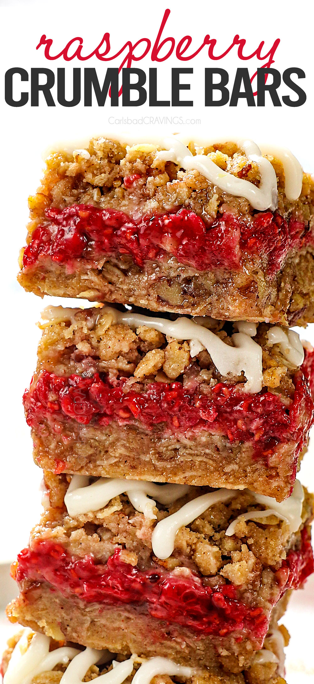 up close or raspberry crumble bars with oats, pecans and fresh raspberries