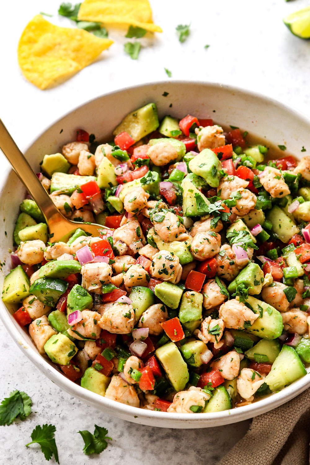 a bowl ceviche de camaron (shrimp ceviche) with tomatoes, cucumbers, avocados, red onions, jalapenos and cilantro