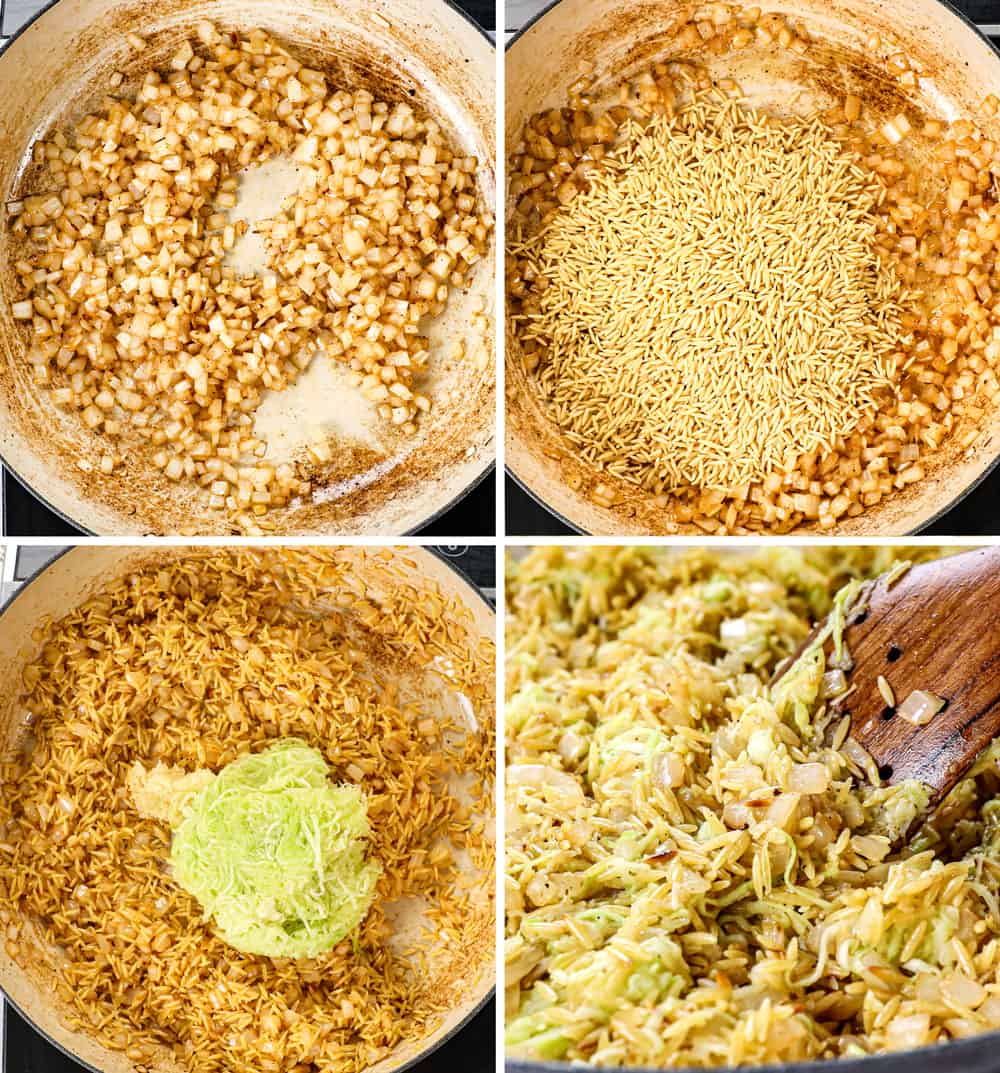 a collage showing how to make lemon chicken orzo by 1) sautéing onions, 2), sautéing orzo, adding zucchini, sautéing garlic in a pot 