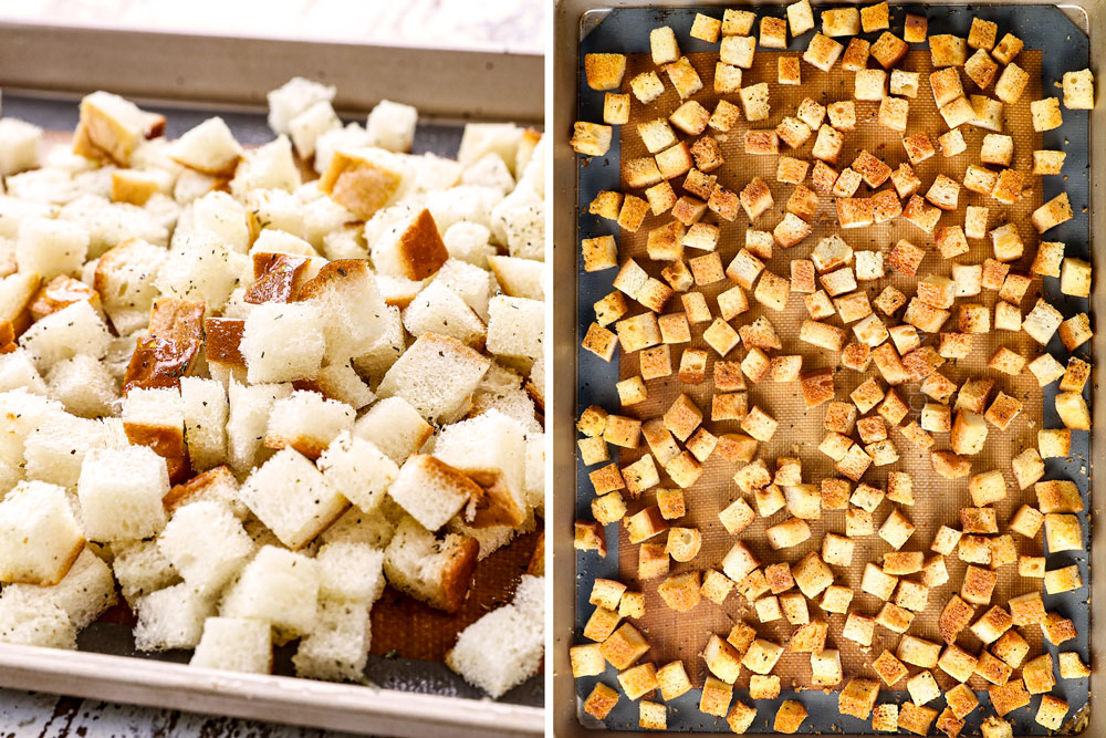 showing how to make garden salad by toasting the cubed bread in the oven to make croutons