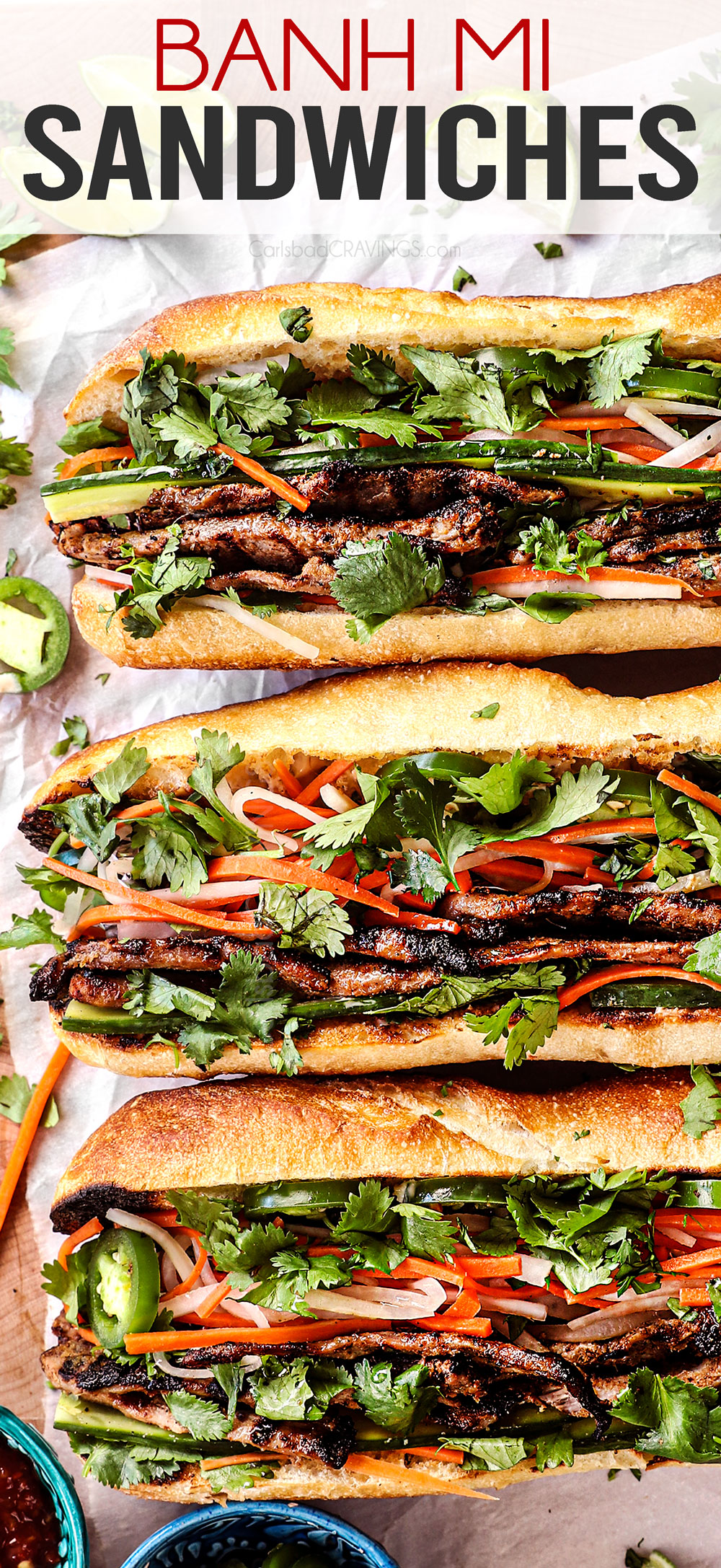 top view of banh mi sandwich recipe with pork, showing how to layer the sandwiches