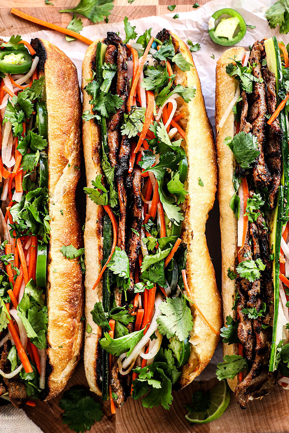 banh mi sandwich with pork layered on Vietnamese baguette