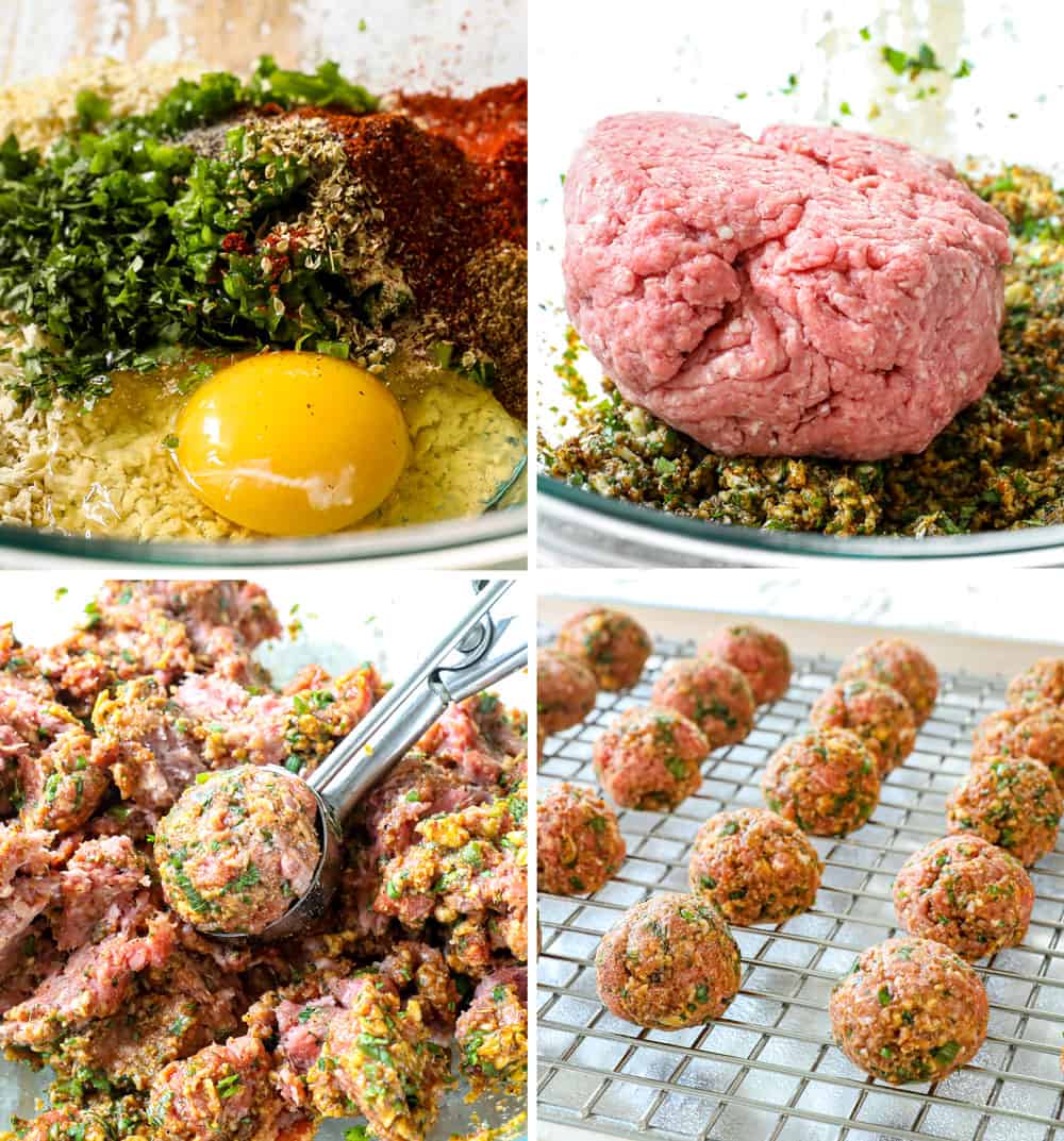 a collage showing how to make baked enchilada meatball recipe by mixing eggs, cilantro, green onions, and crackers together, then mixing in ground beef, then using a cooking scoop and adding to a baking sheet