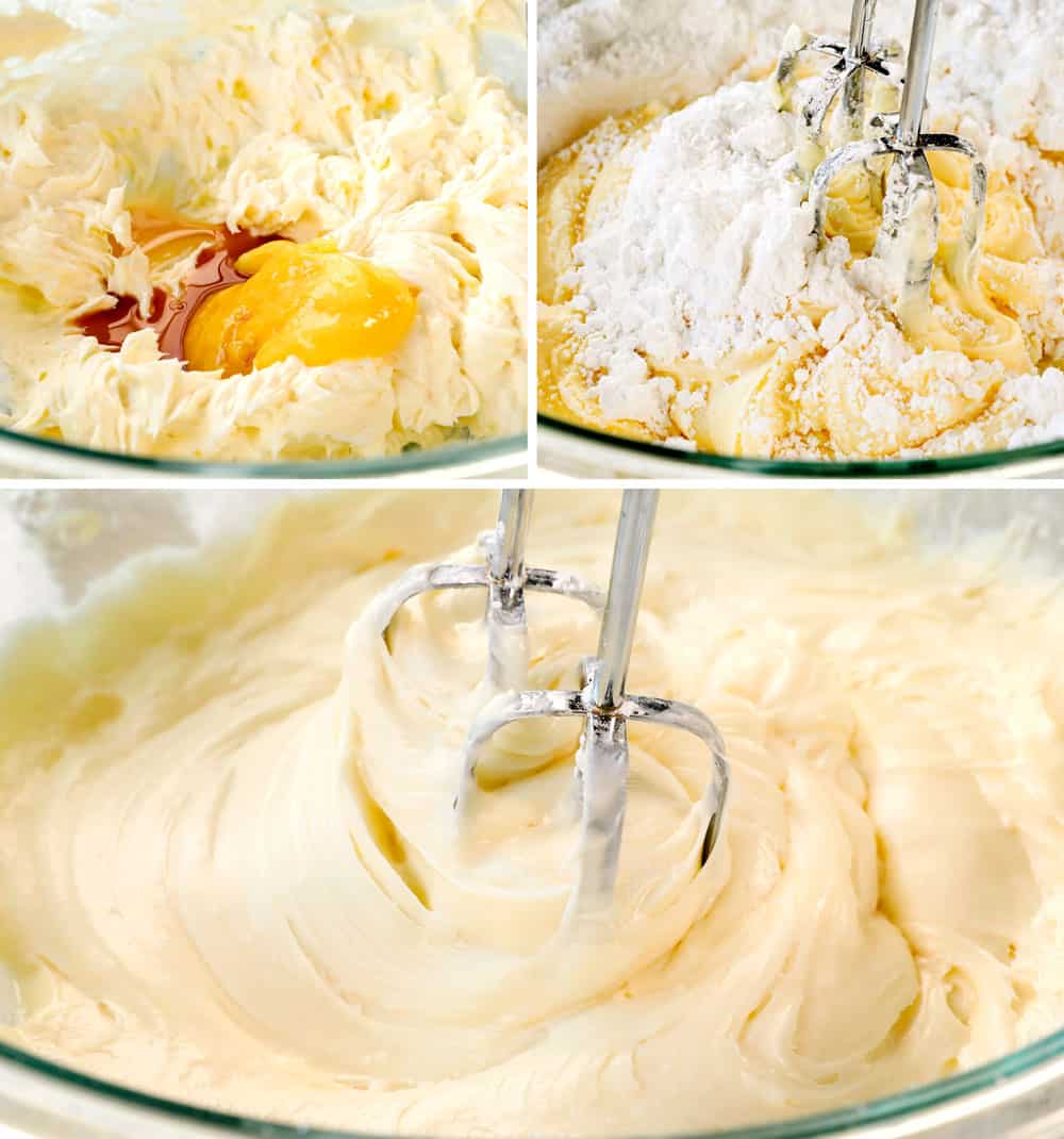 a collage showing how to make lemon cake frosting by 1) beating butter and cream cheese together, 2) adding powdered sugar, 3) beating until smooth, thick and creamy