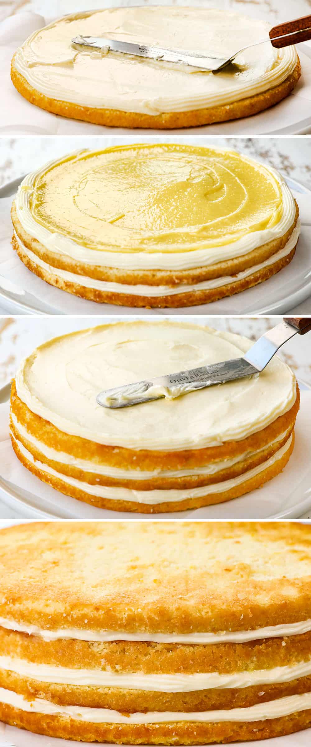showing how to make lemon cake recipe by 1) topping 1st layer with frosting, 2) adding lemon curd to second layer, 3)  adding frosting to 3rd layer, 4) topping with final cake