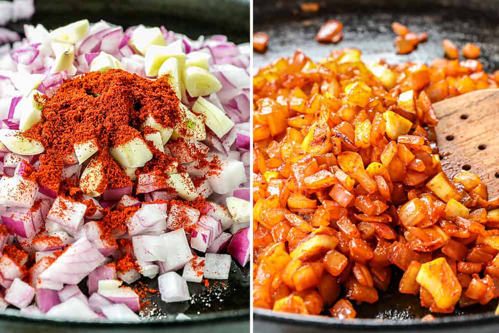 showing how to make peri peri chicken by making peri peri sauce by sautéing the onions, garlic, paprika and bay leaves