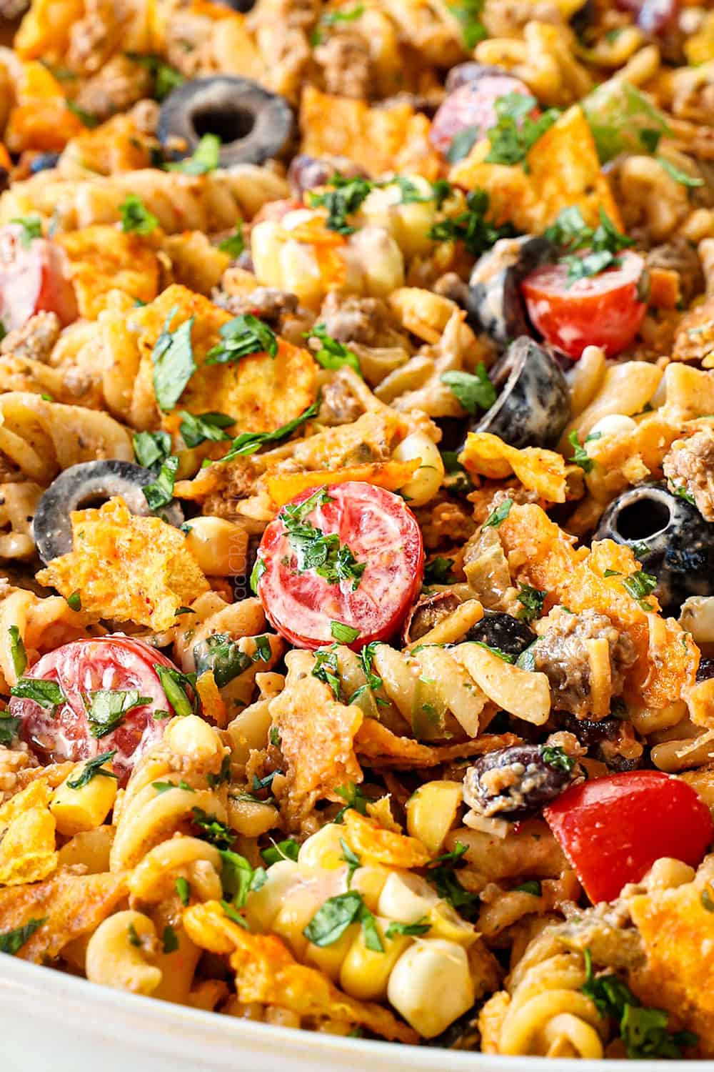up close of taco pasta salad recipe showing how creamy it is